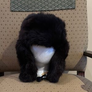 Russian style natural black soft supple fur trapper hat with ear flaps Vintage